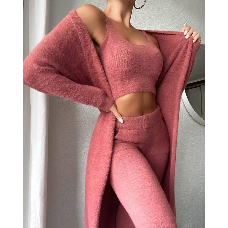 Soft knit 3-piece lounge set – crop top, wide-leg trousers, cardigan