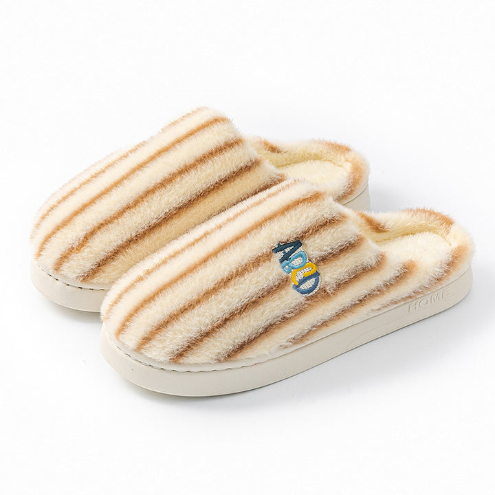 Striped plush slippers with embroidered letters for women and men