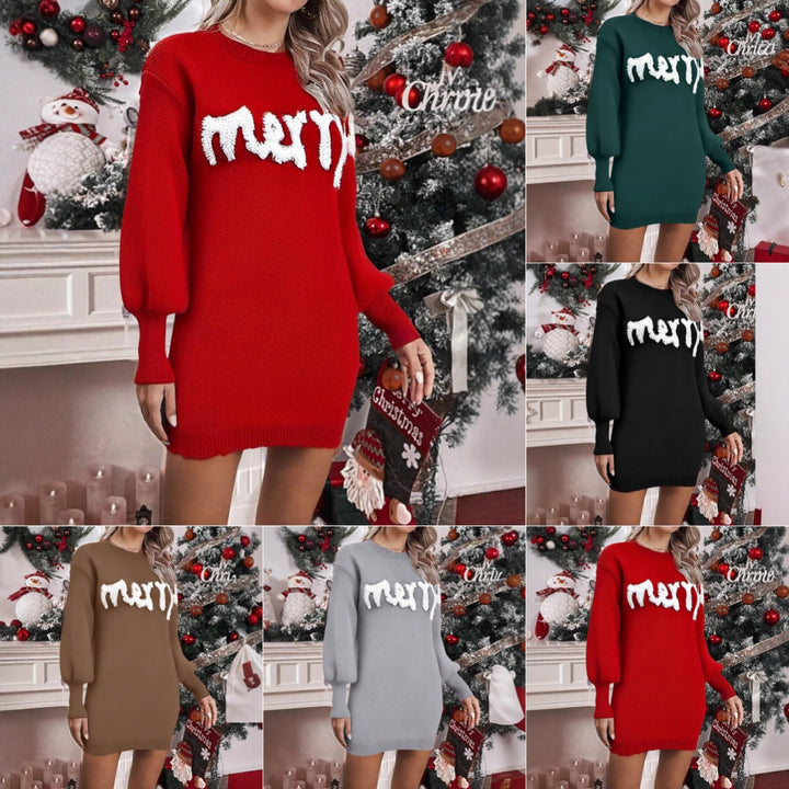 Knitted Christmas jumper dress with lantern sleeves, mini length
