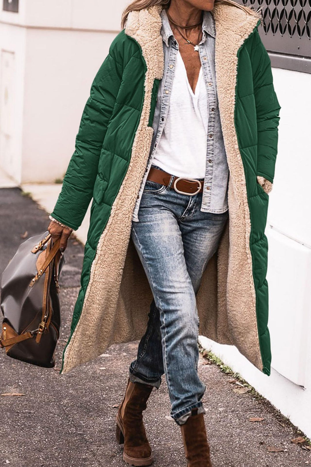 Long hooded coat with raglan sleeves and pockets, reversible