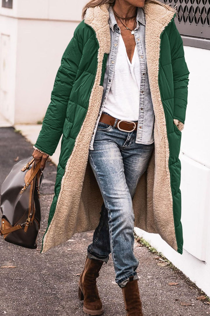 Long hooded coat with raglan sleeves and pockets, reversible