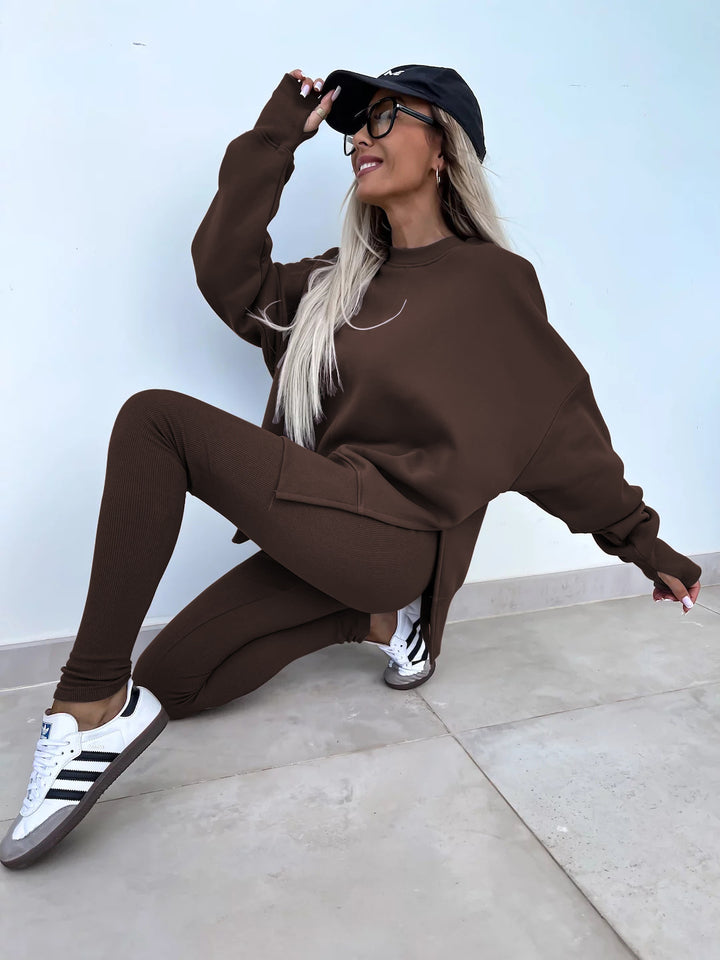 Loose split-hem jumper and fitted trousers knit co-ord