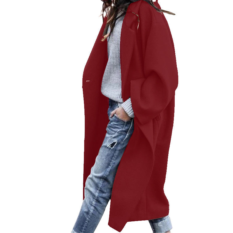 Long single-breasted wool-look coat with lapels and pockets