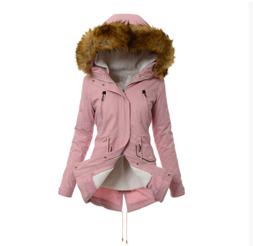Mid-length padded hooded parka with soft velvet lining