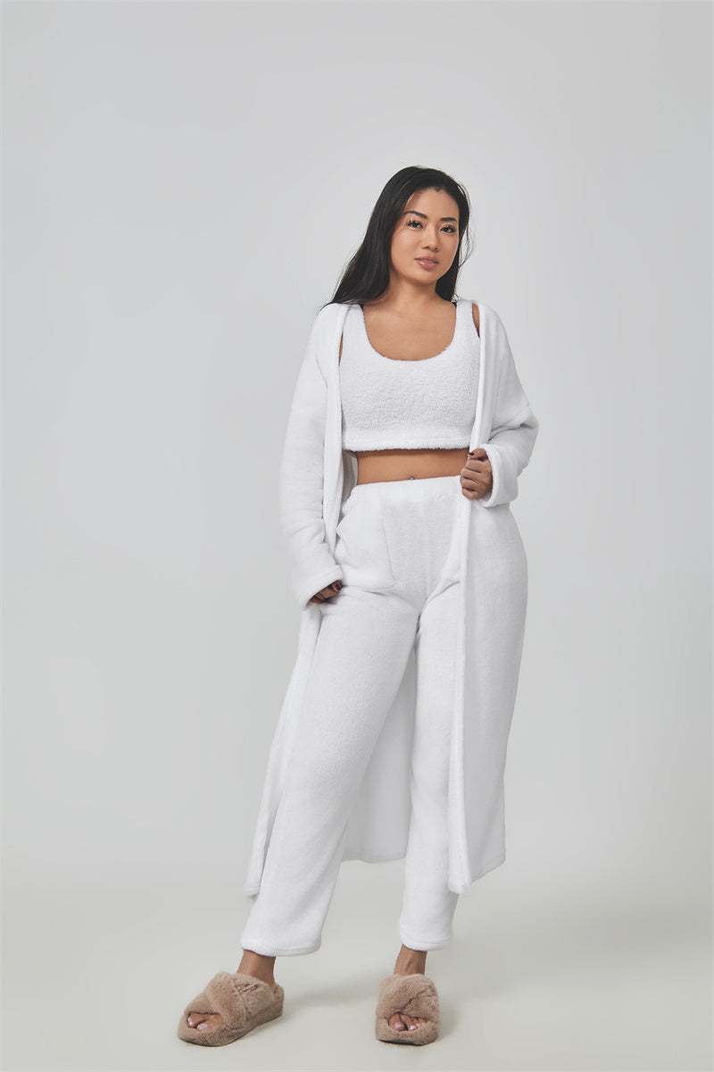 Soft knit 3-piece lounge set – crop top, wide-leg trousers, cardigan