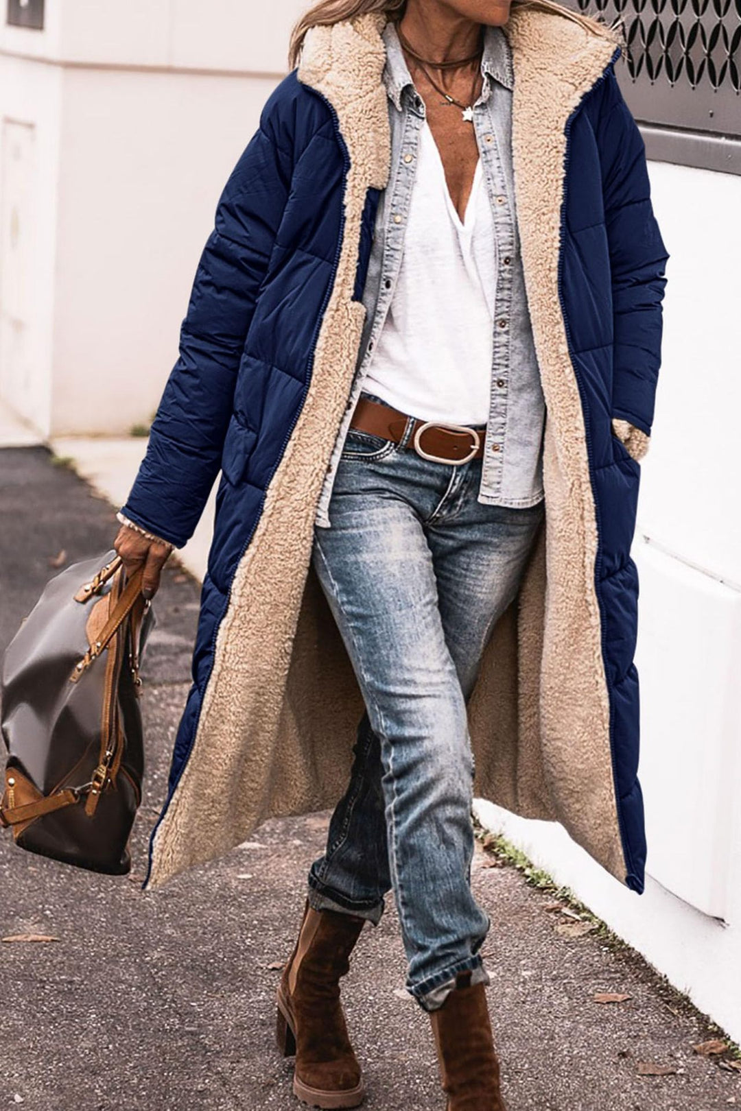 Long hooded coat with raglan sleeves and pockets, reversible